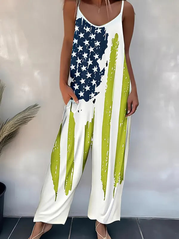 Women'S Independence Flag Print Casual Cotton Wide Leg Jumpsuit