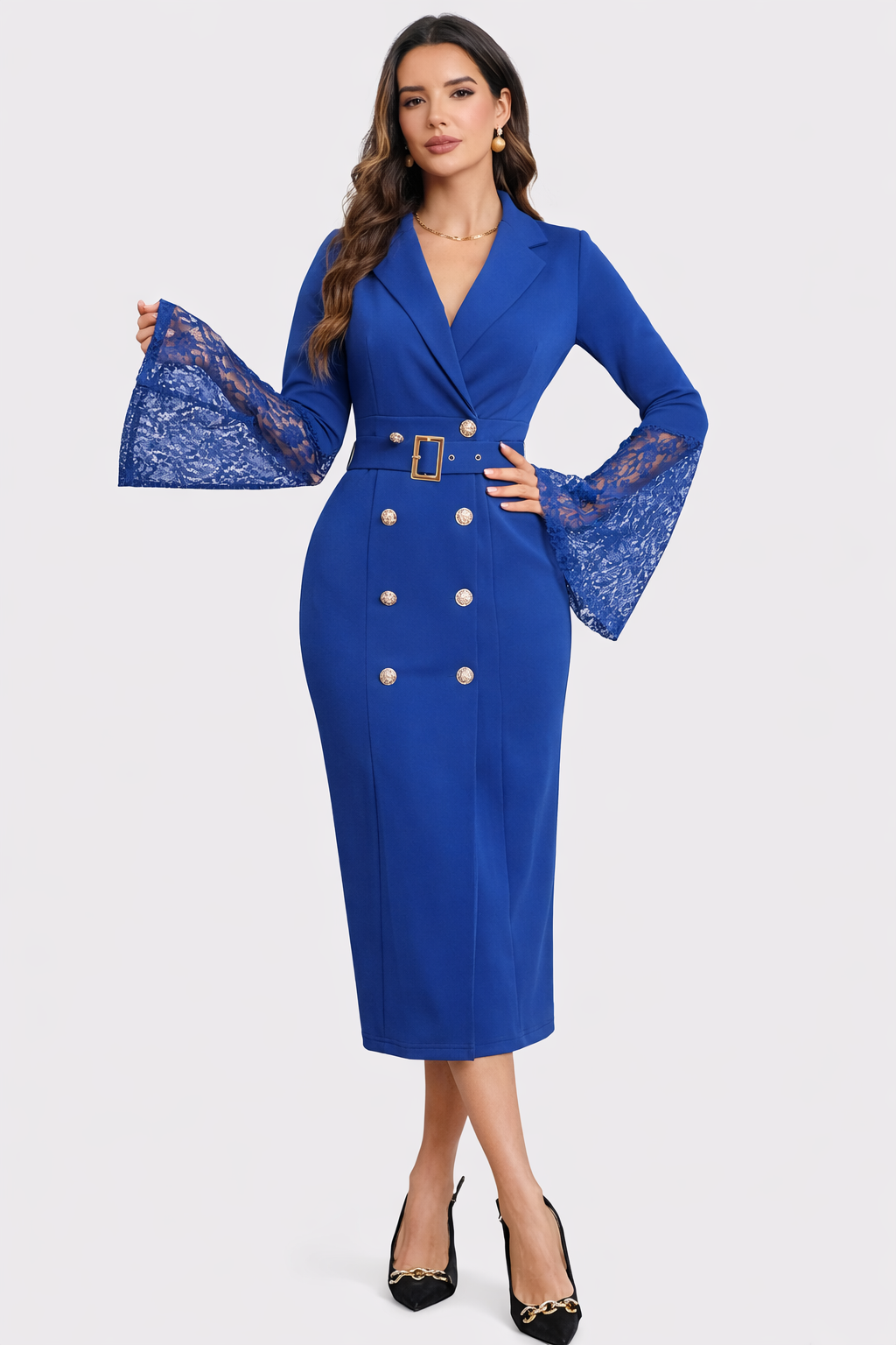 Cora™ | Belted Lace-Sleeve Midi Dress