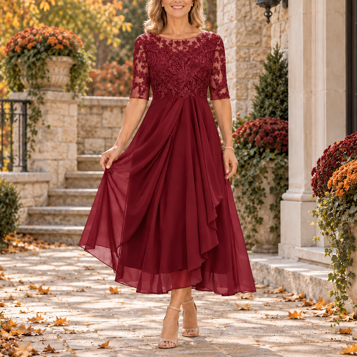 Mabel | Lace Bodice Draped Midi Dress