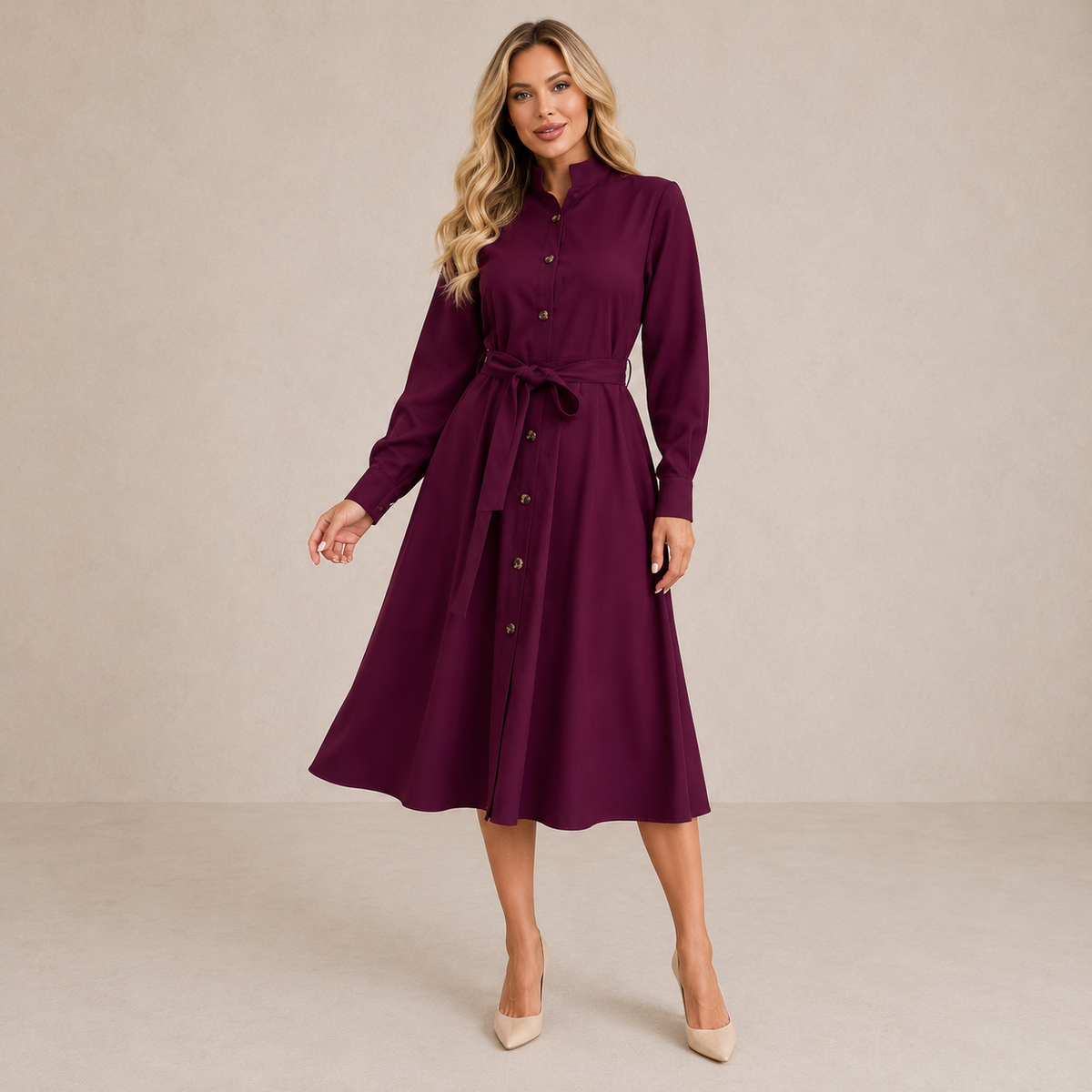 Hannah™ | Belted Button Midi Dress
