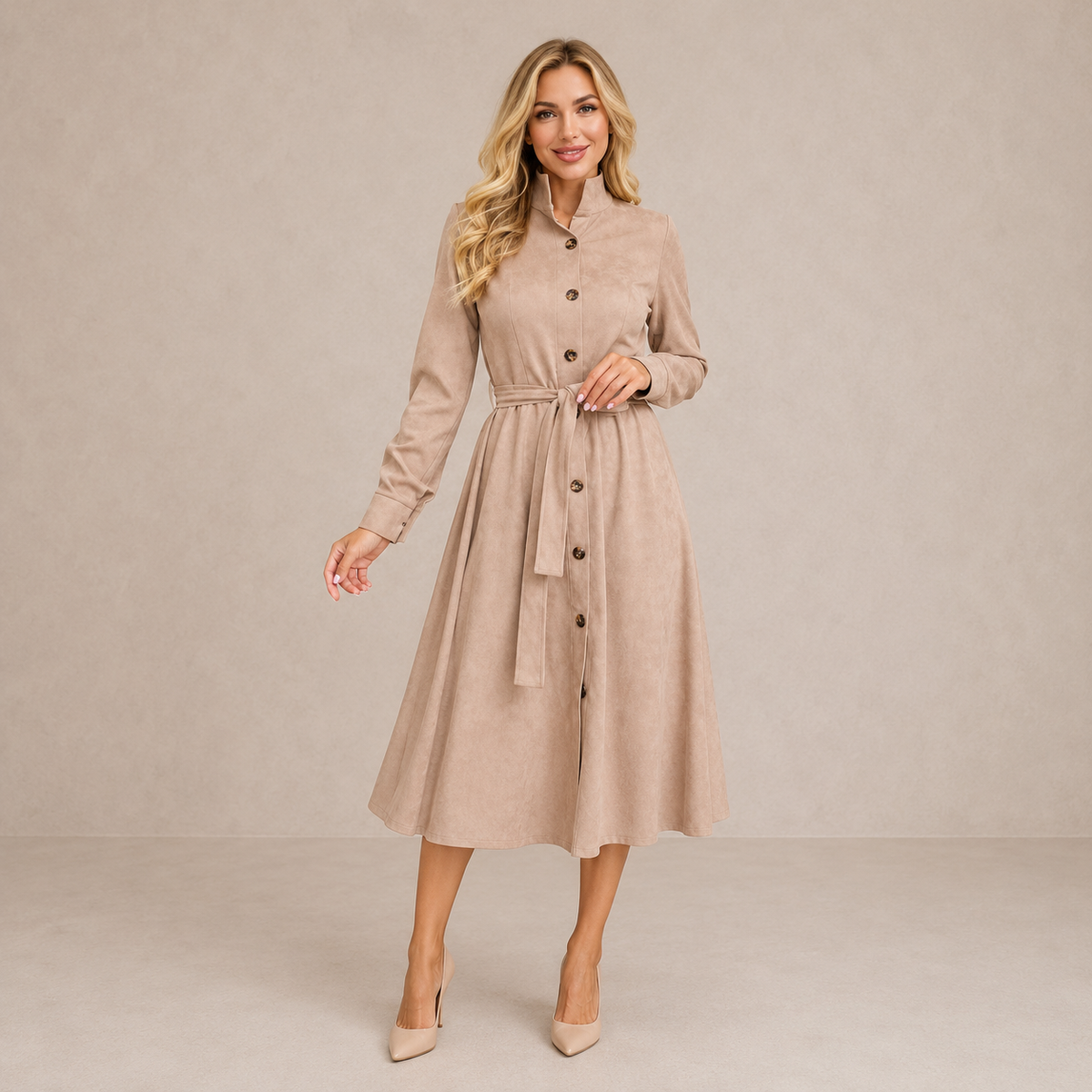 Hannah™ | Belted Button Midi Dress