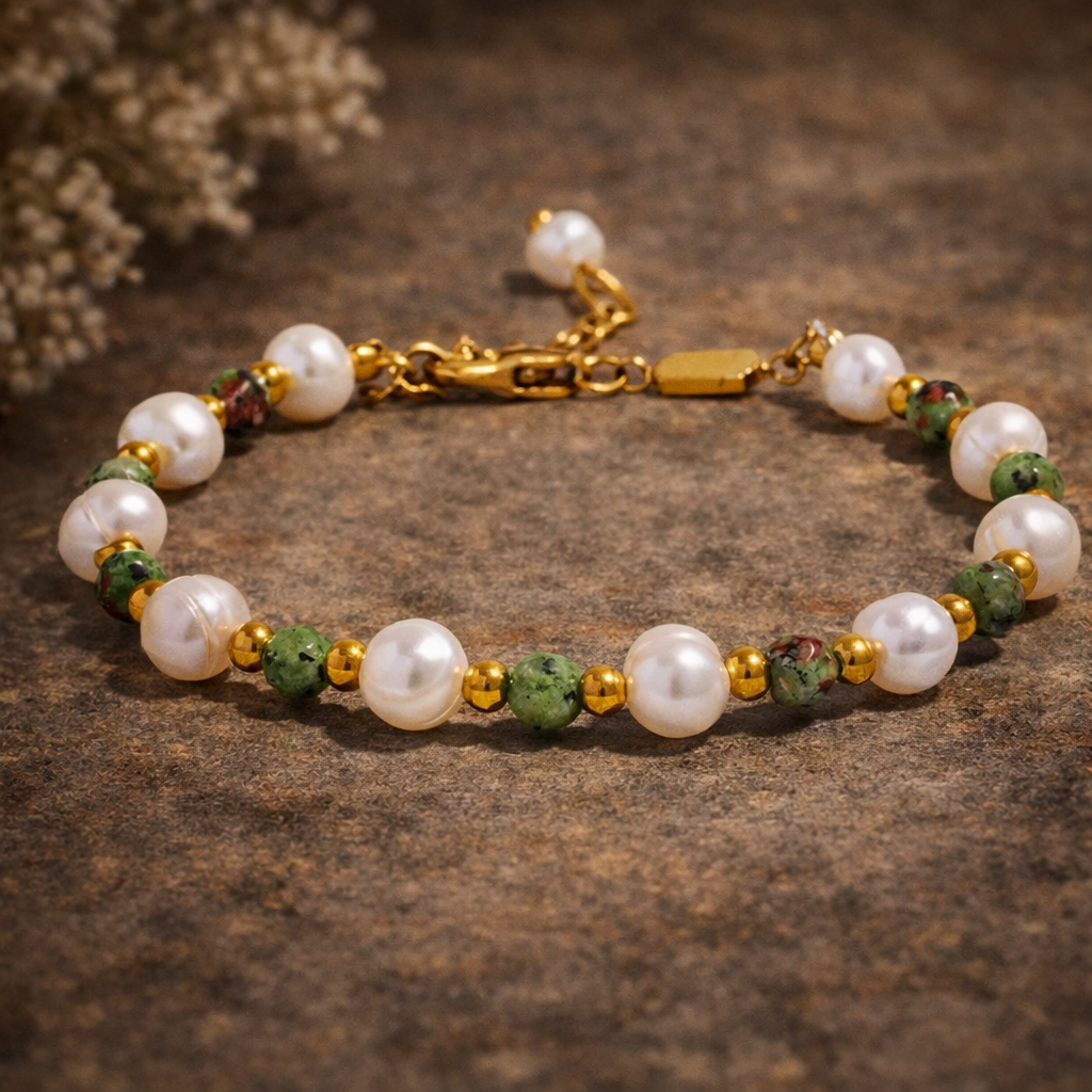 Extra Abundance - Green Jasper and Pearls Bracelet