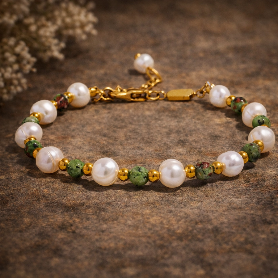 Extra Abundance - Green Jasper and Pearls Bracelet