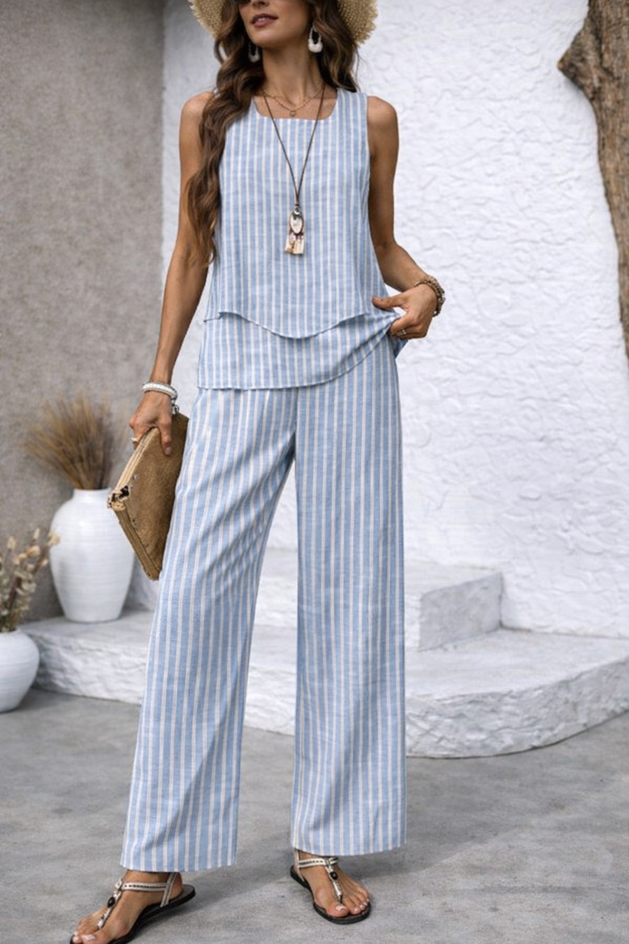 Nicolasa™ | Blue Striped Top and Wide Leg Pants Set