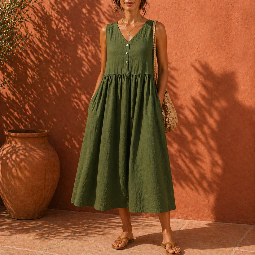 Skylar™ | Linen Button Midi Dress