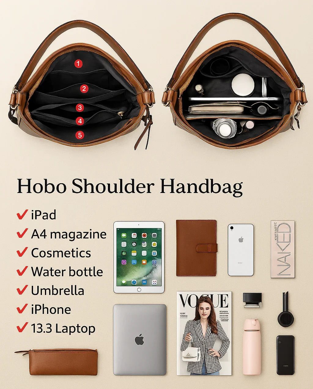 Luxury Leather Hobo Anti-Theft Handbag