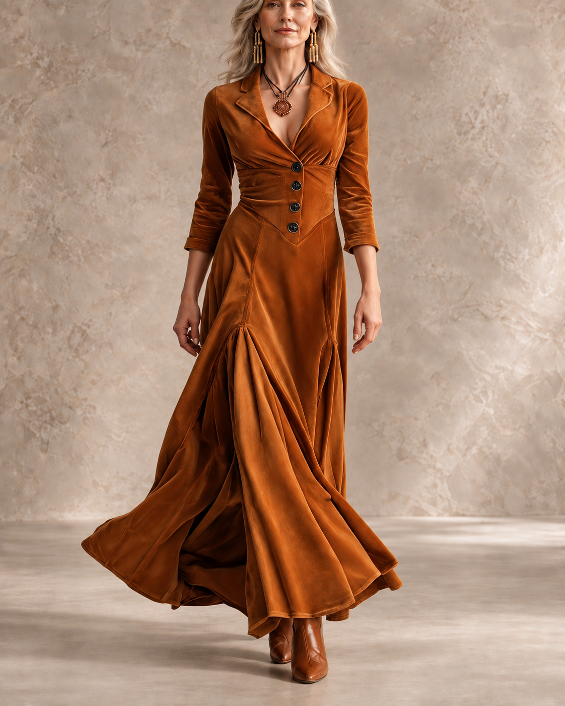 ELOWENNA | ELEGANT BUTTON-FRONT COLLAR DRESS WITH 7/8 SLEEVE