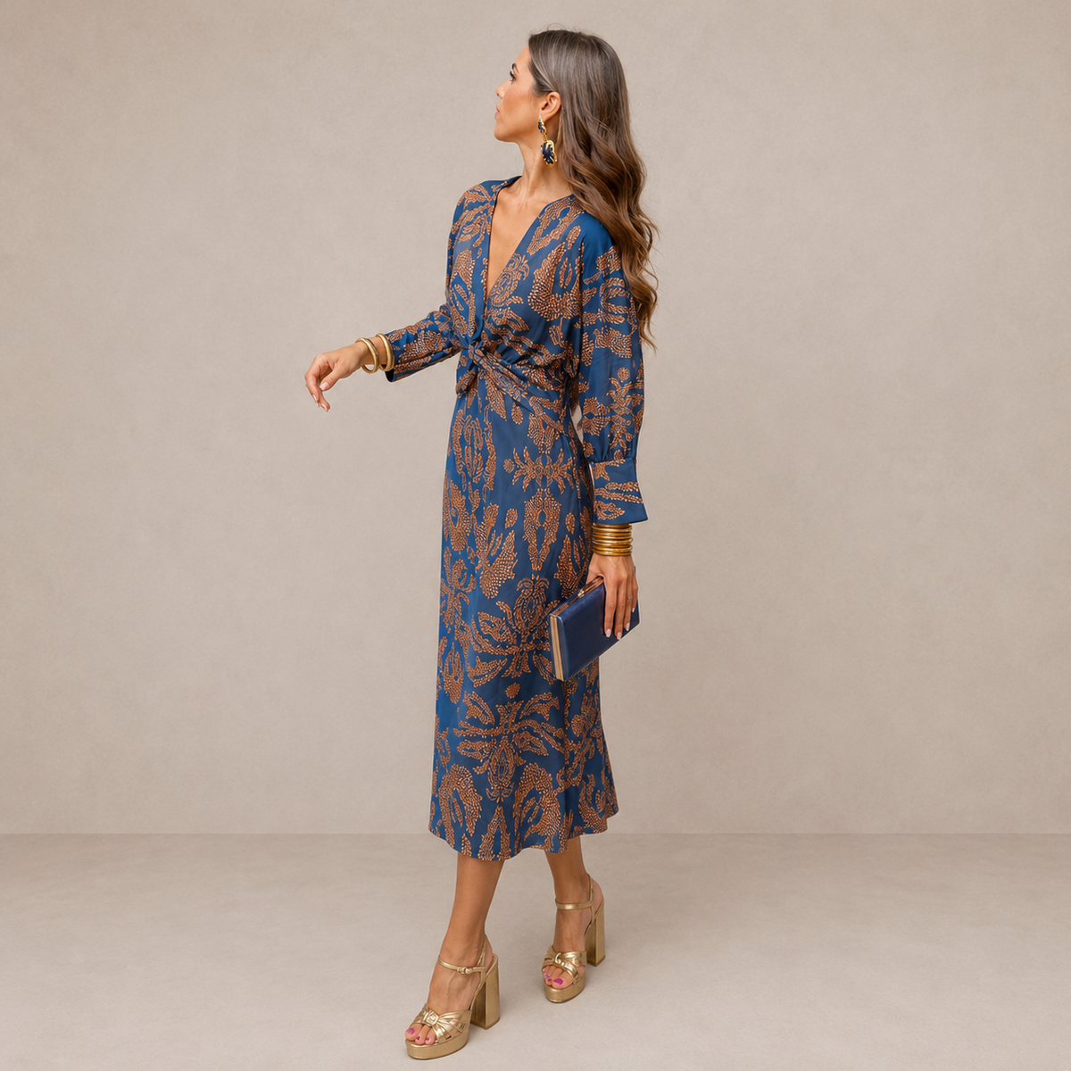 Lena™ | V-Neck Tie-Waist Midi Dress