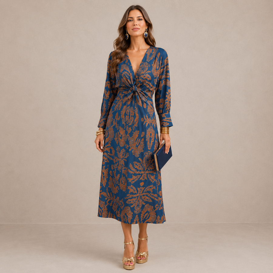 Lena™ | V-Neck Tie-Waist Midi Dress