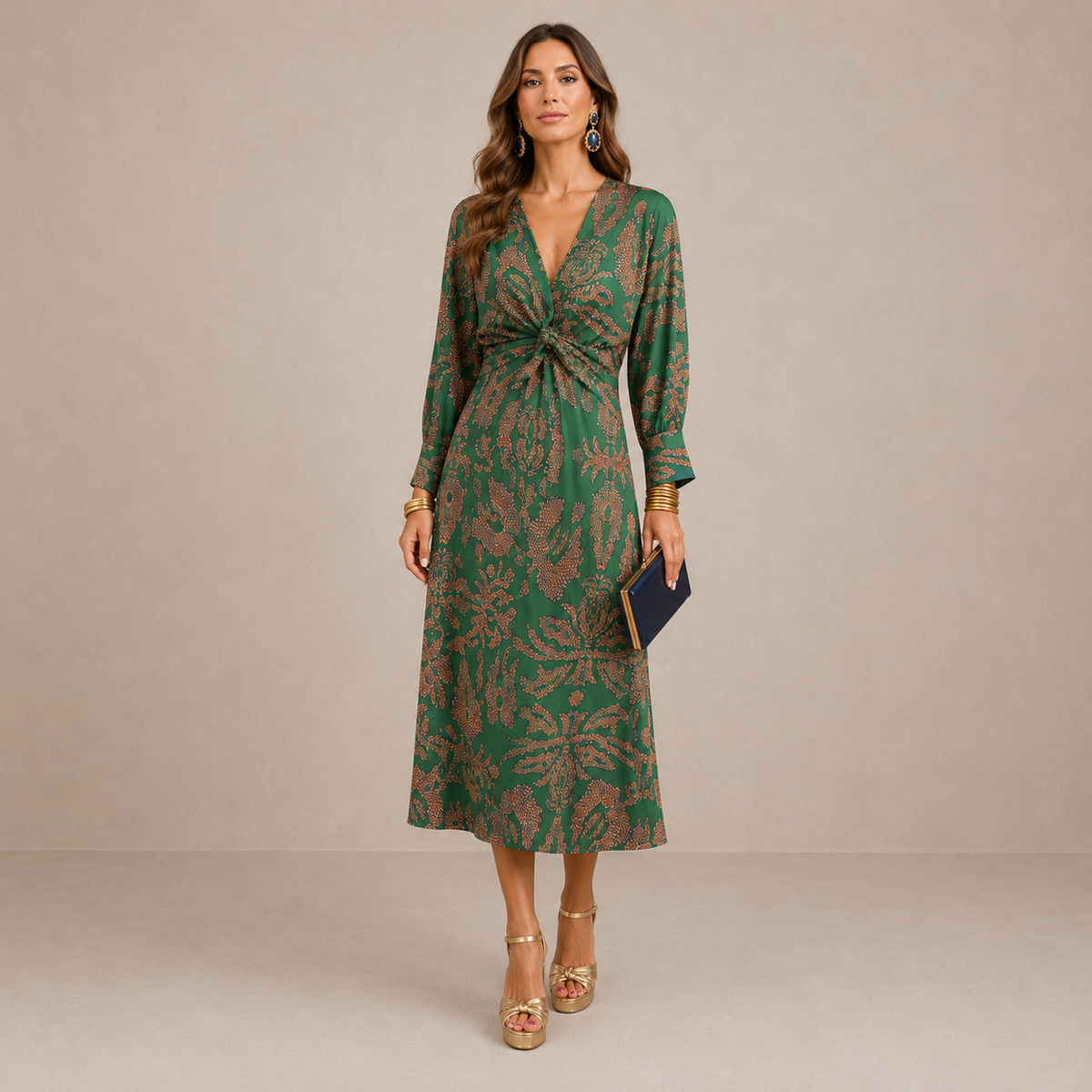 Lena™ | V-Neck Tie-Waist Midi Dress