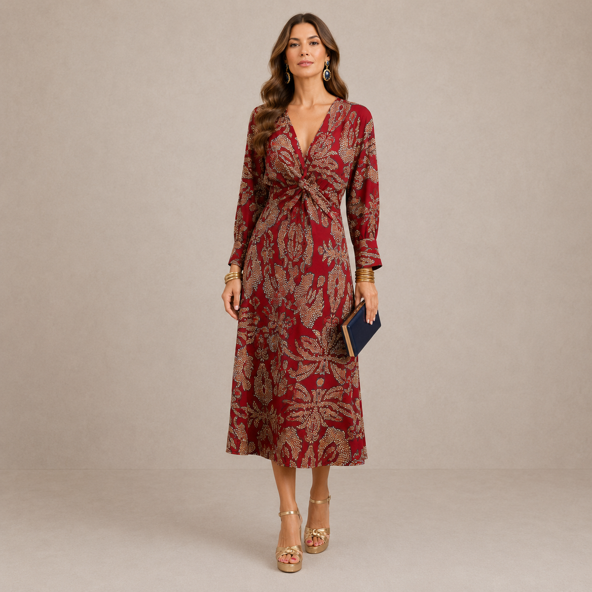 Lena™ | V-Neck Tie-Waist Midi Dress