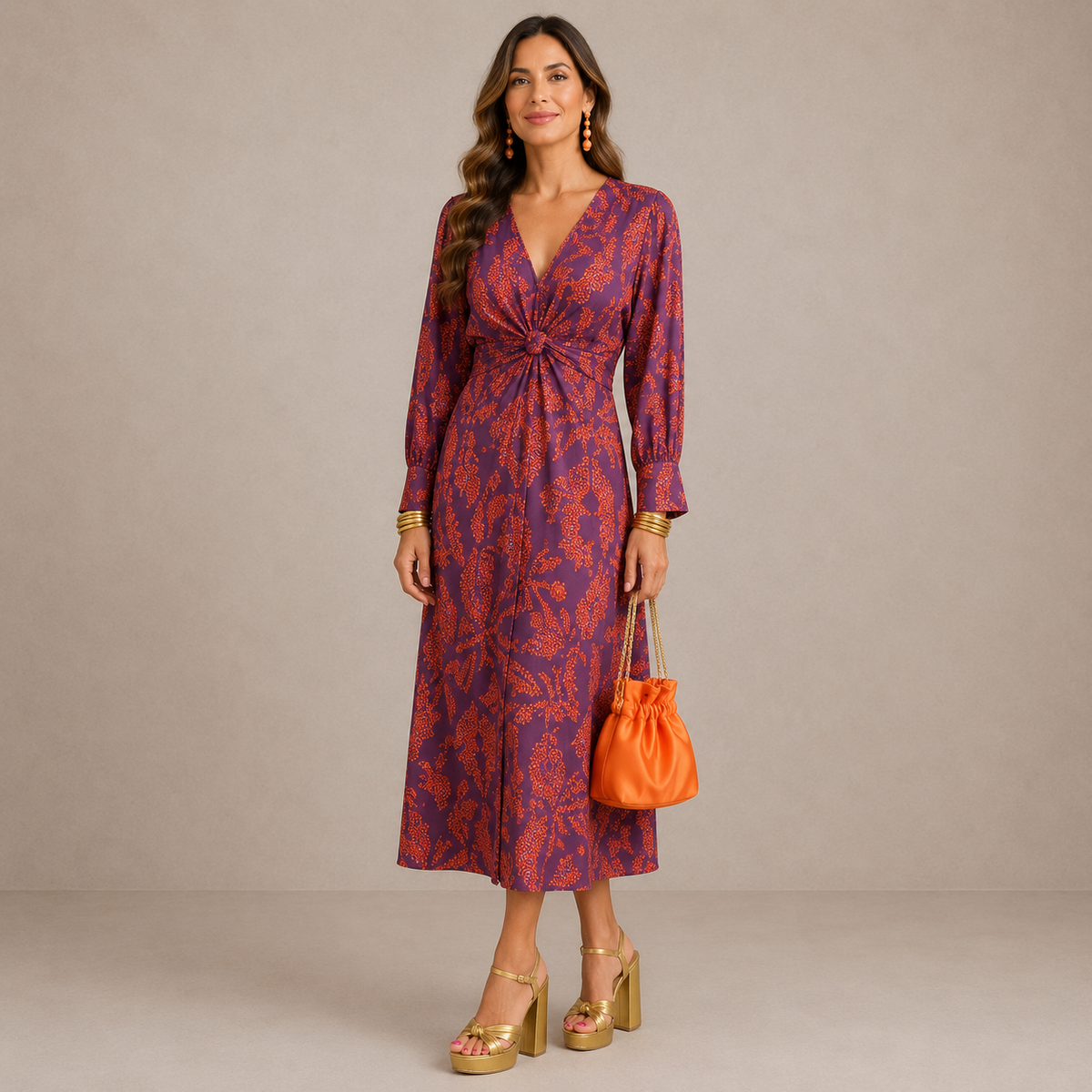 Lena™ | V-Neck Tie-Waist Midi Dress