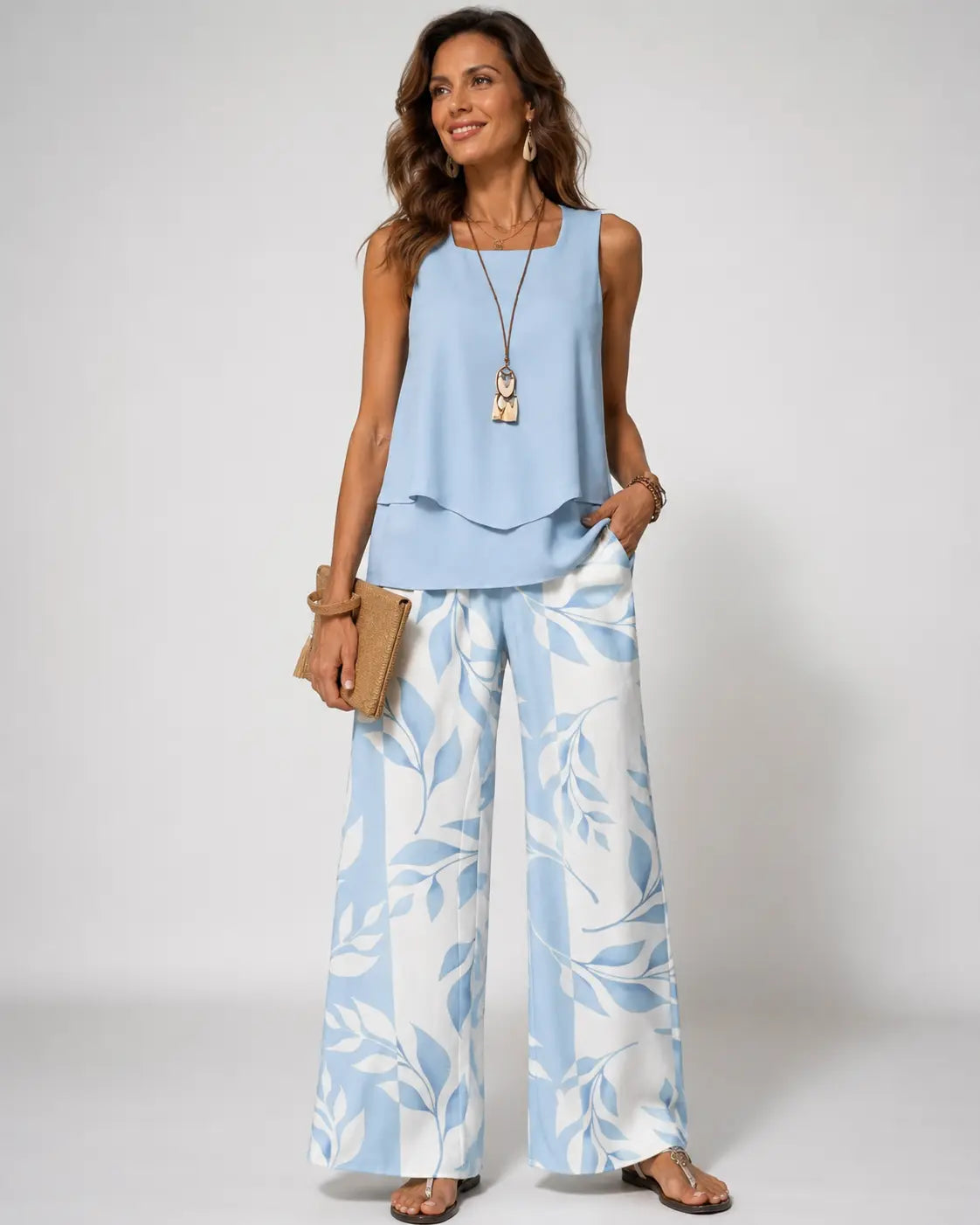 Olalla™ | Light Blue Botanical Top and Pants Set