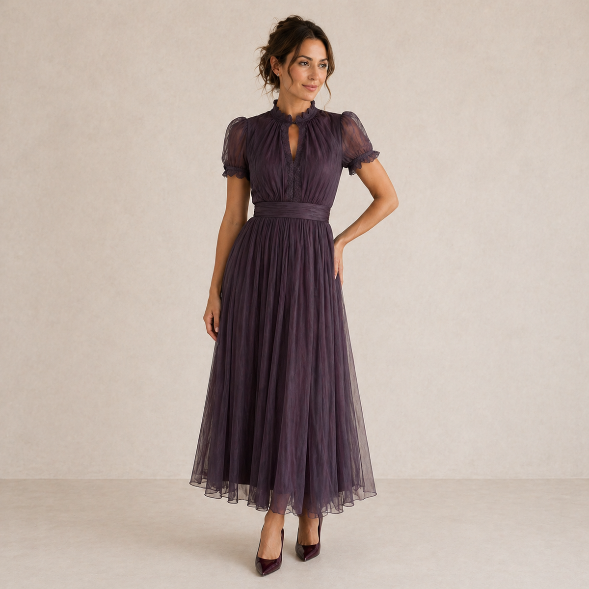 Amelia™ | Pleated Puff-Sleeve Midi Dress