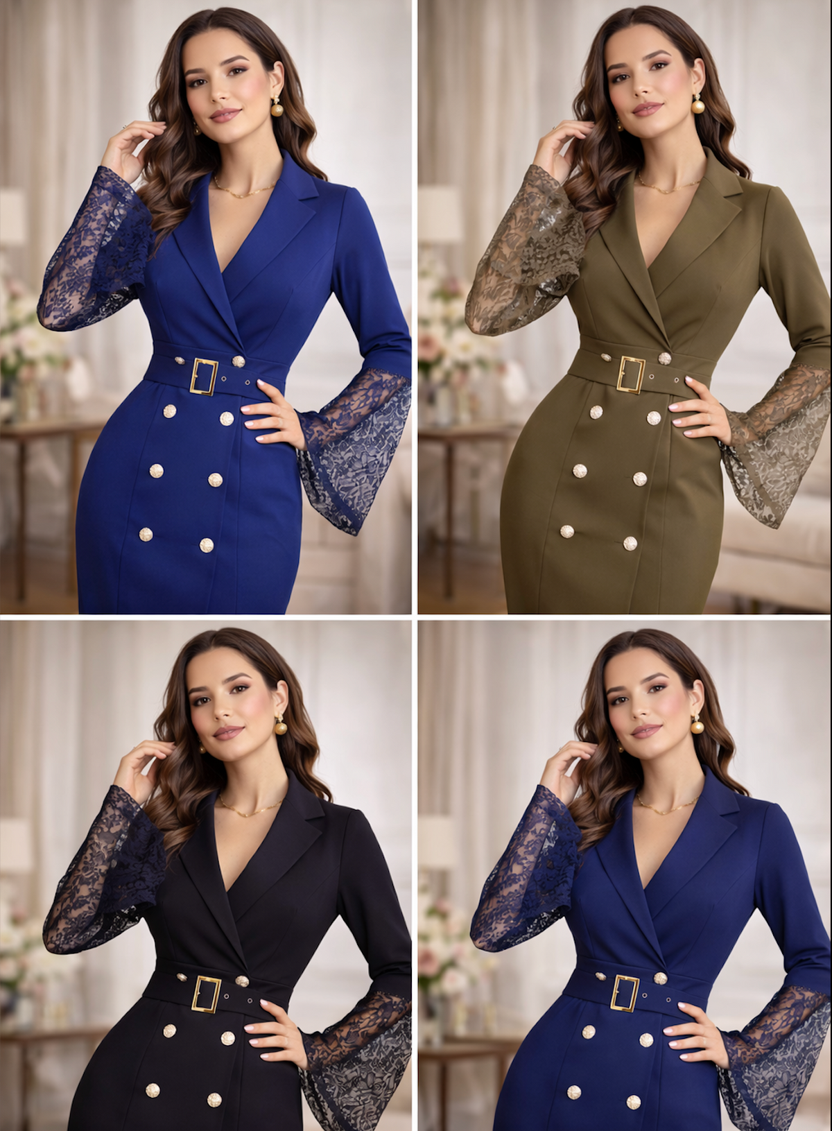 Cora™ | Belted Lace-Sleeve Midi Dress