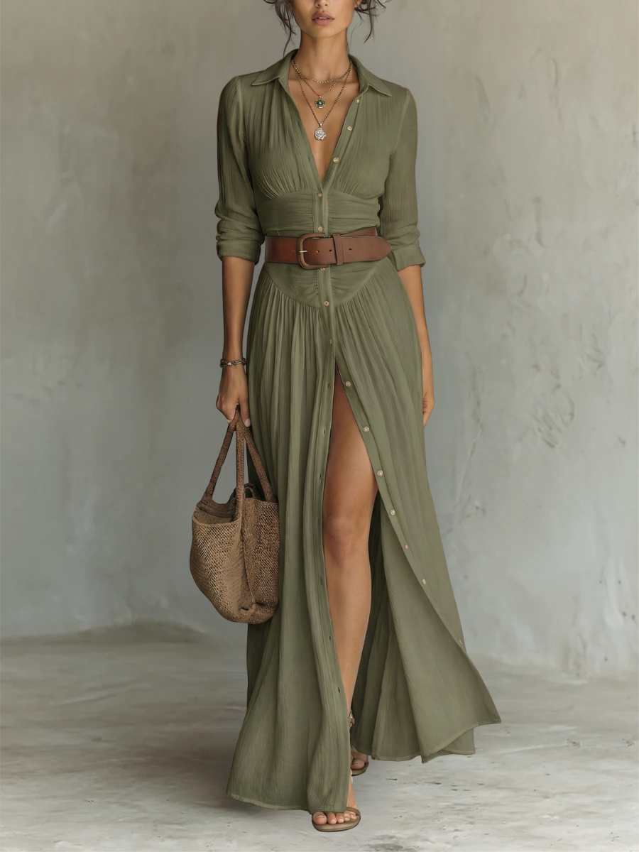 PAMELA - PLEATED MAXI SHIRT DRESS