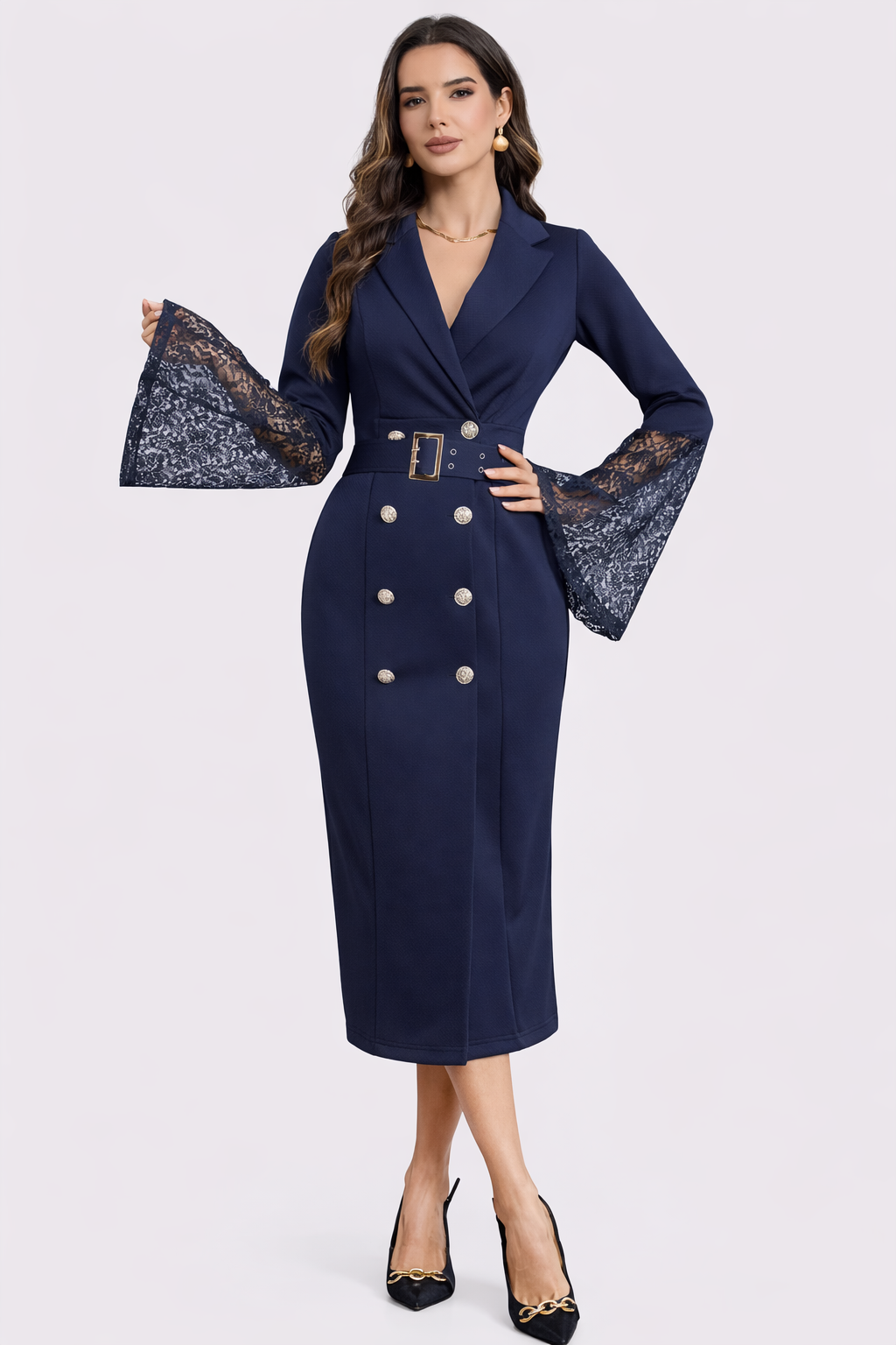 Cora™ | Belted Lace-Sleeve Midi Dress