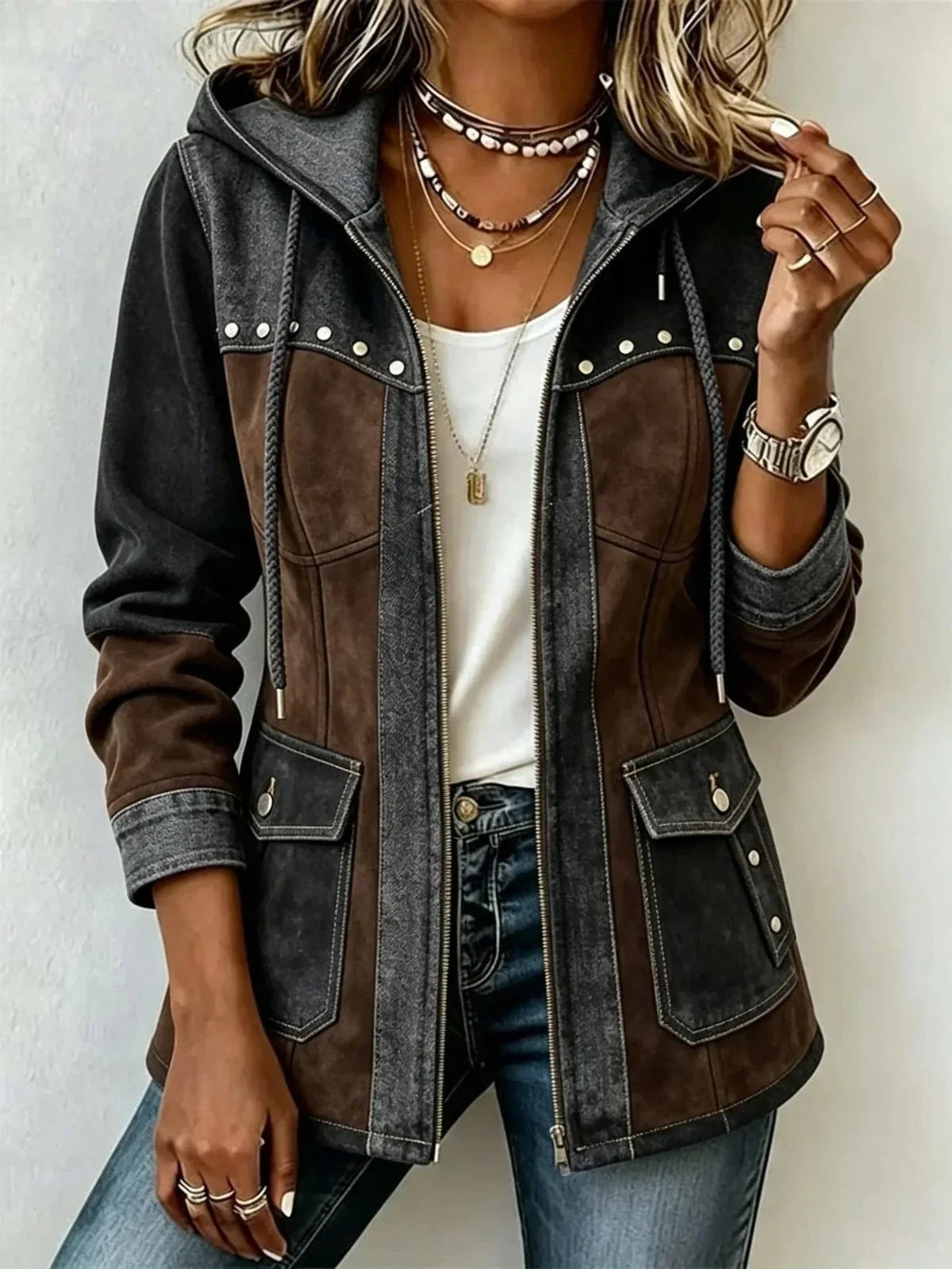 Stacey™ | Vintage Two Tone Hooded Denim Jacket