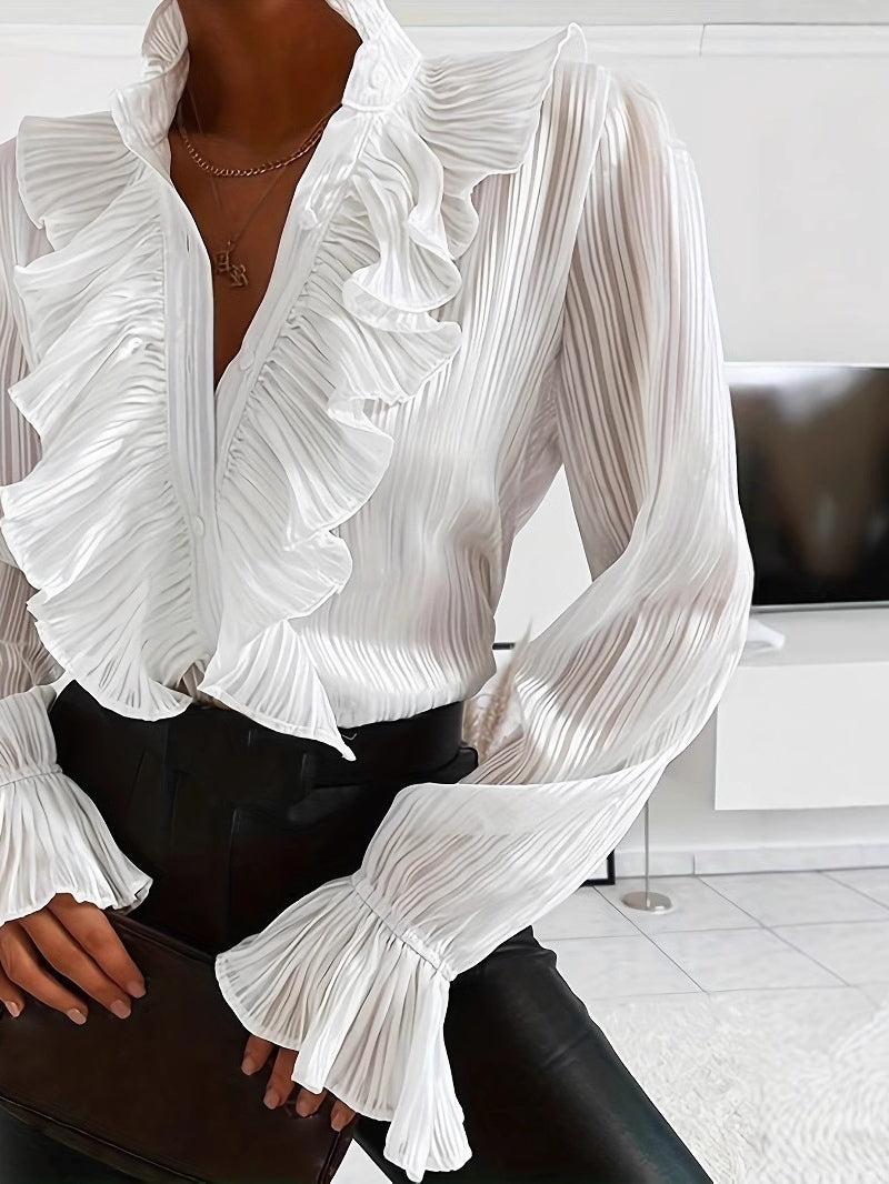 White Ruffled Long-sleeved Shirt