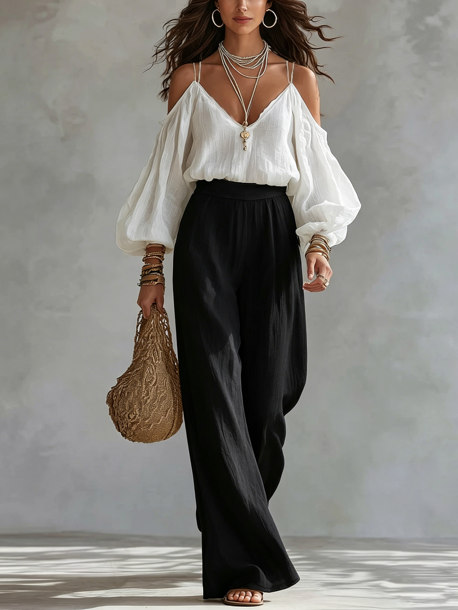 White Off-the-shoulder Tank Top And Black Wide-leg Pants Suit