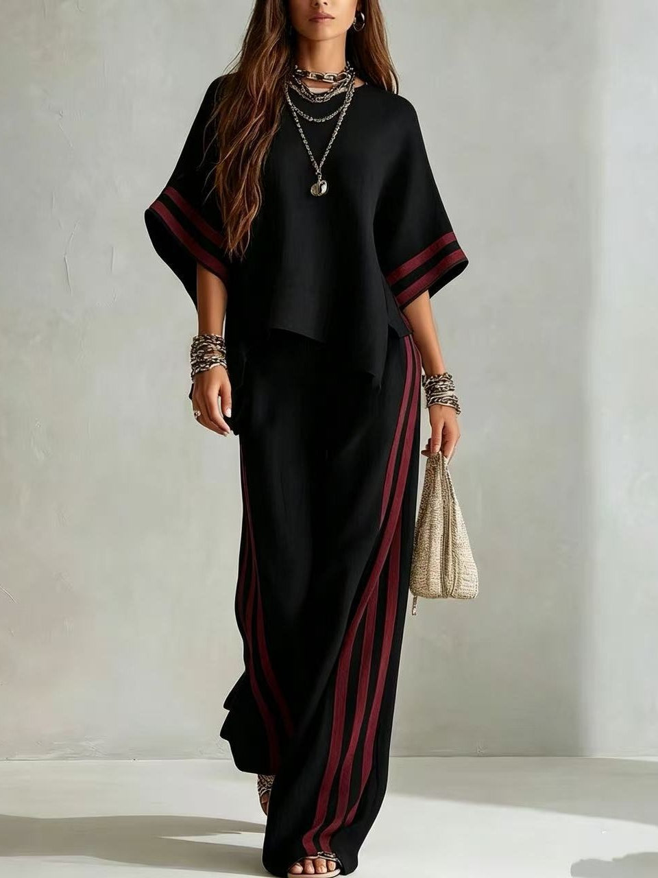 Casual Striped Color-Block Wide-Leg Pants Two-Piece Set