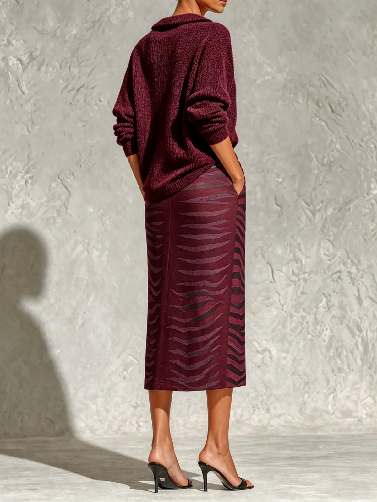 Black Collar Knit Top And Zebra Linen Midi Skirt Two‑Piece Set