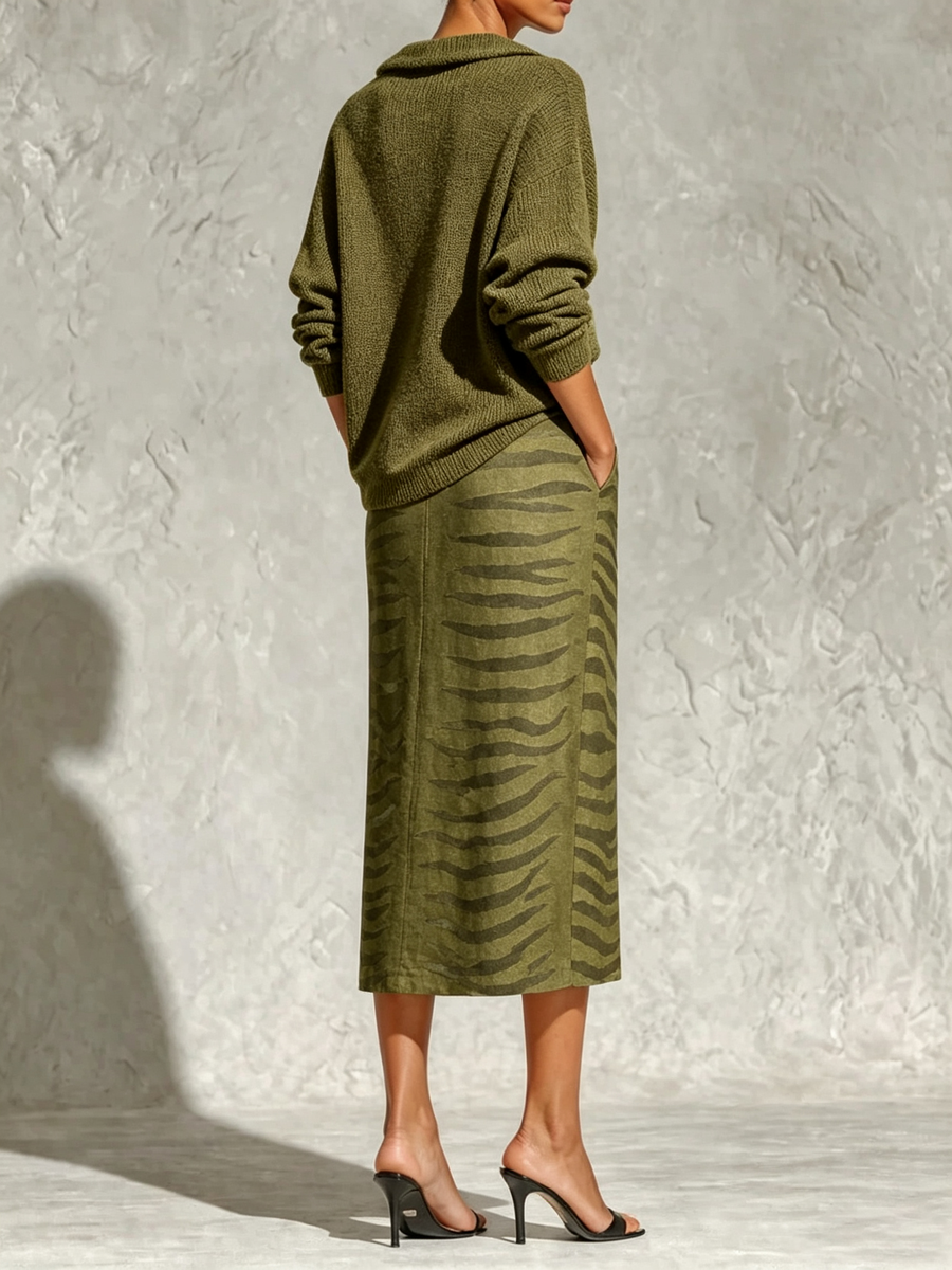 Olive Green Collar Knit Top And Zebra Linen Midi Skirt Two‑Piece Set