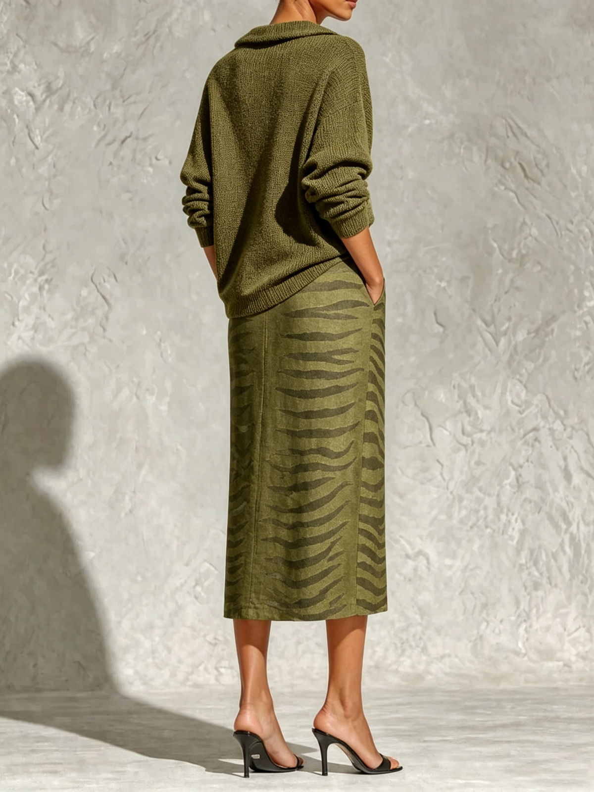 Black Collar Knit Top And Zebra Linen Midi Skirt Two‑Piece Set