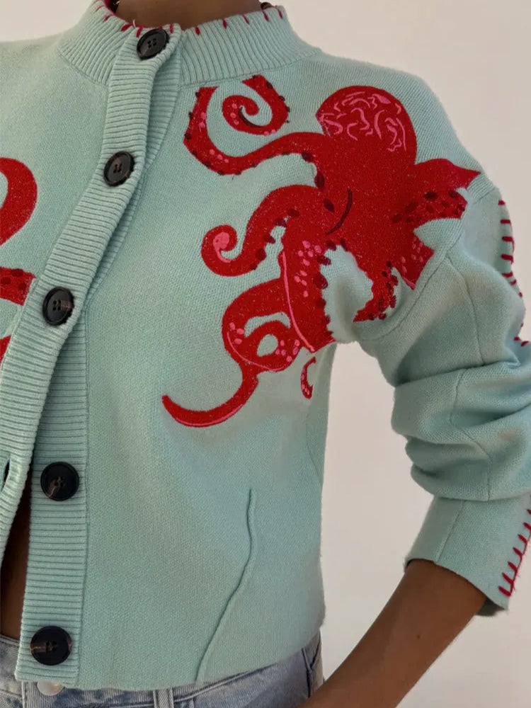 Fun Octopus Pattern Knitted Cardigan