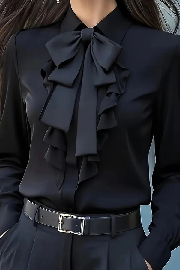Ruffled Bow Tie Casual Long-sleeved Shirt