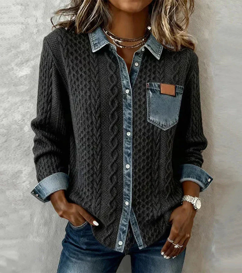 Ashley | Patchwork Knit Top with Denim Details