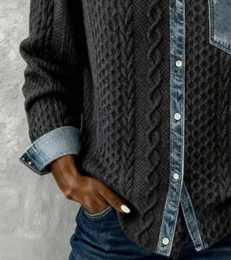Ashley | Patchwork Knit Top with Denim Details