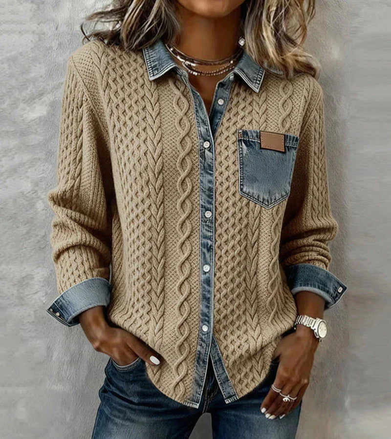 Ashley | Patchwork Knit Top with Denim Details