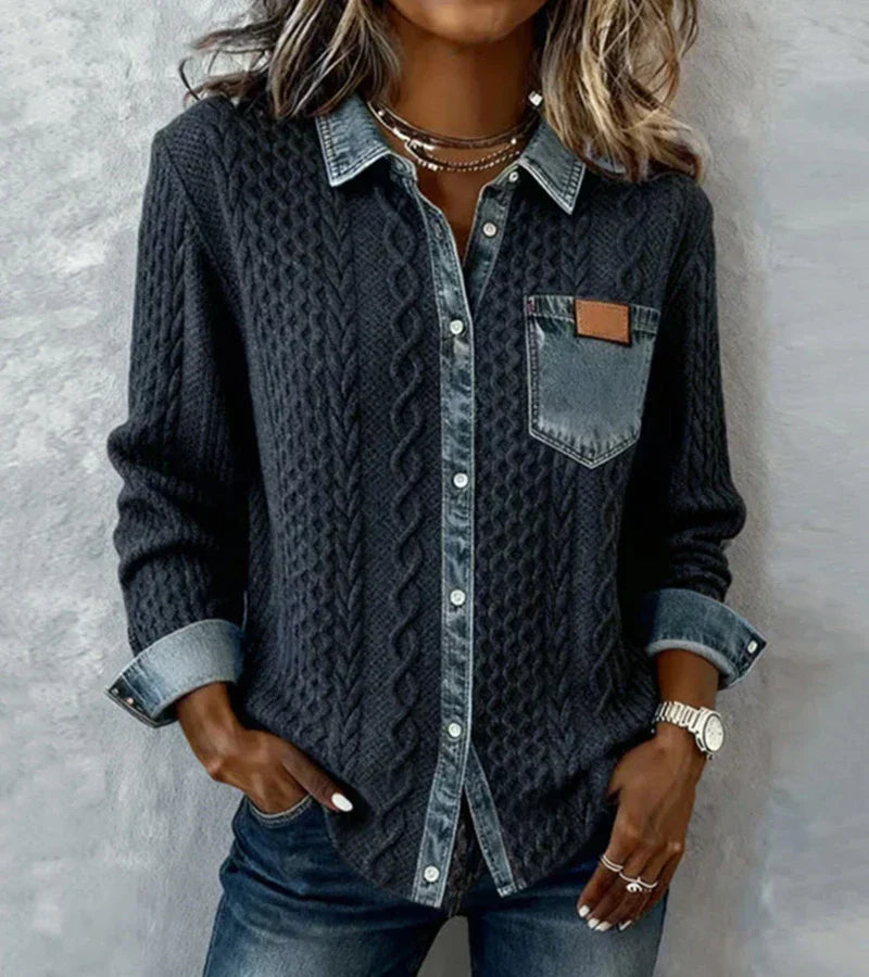 Ashley | Patchwork Knit Top with Denim Details