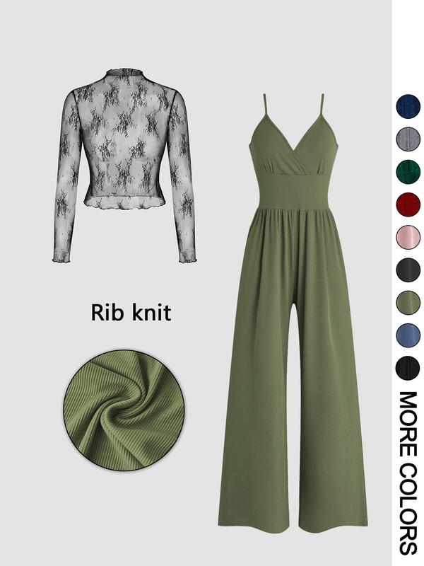 MARYAM™ - Solid Color Lace Tee & Pocket Jumpsuit Set