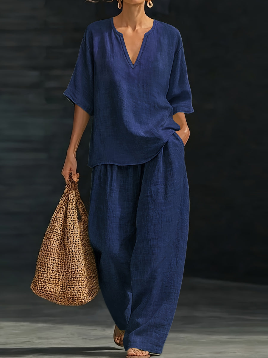 Janette™ | Relaxed V-Neck Two Piece Trouser Set