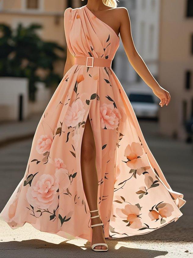 Light Green Floral Ruched One Shoulder A-Line Maxi Chiffon Dress