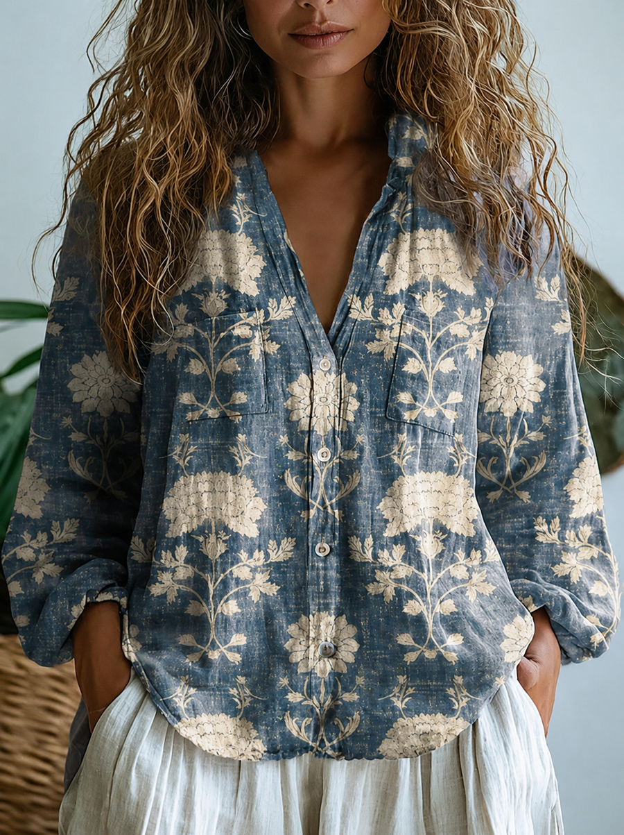 Women's Vintage Lovely Floral Art Print Casual Long Sleeve Comfortable Cotton Shirt