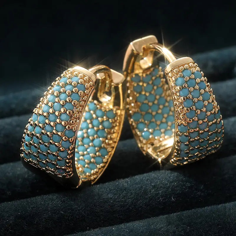 Elegant Golden-Tone Turquoise Beaded Hoop Earrings