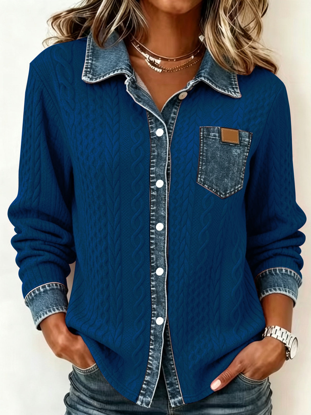 Brandi™ | Casual Denim Trim Cable Knit Shirt