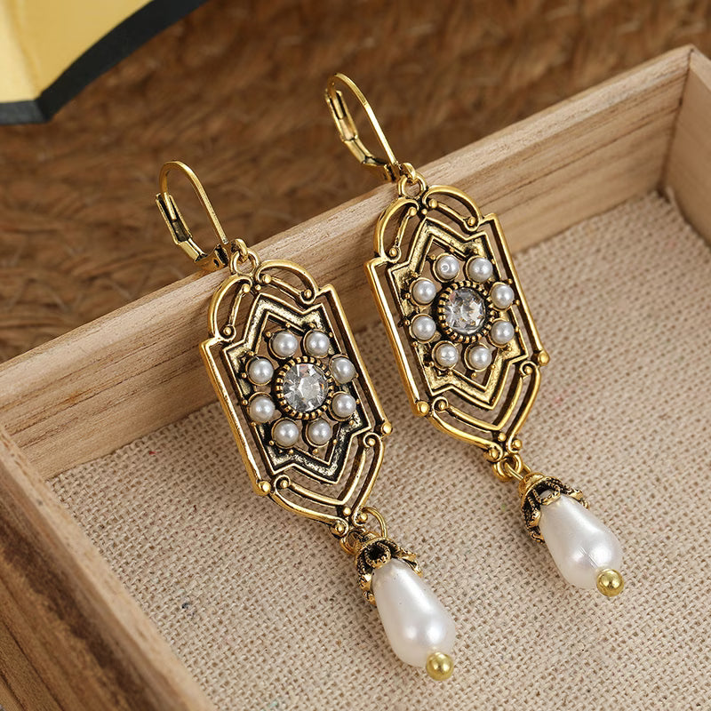 Vintage Golden Inlaid Pearl Earrings