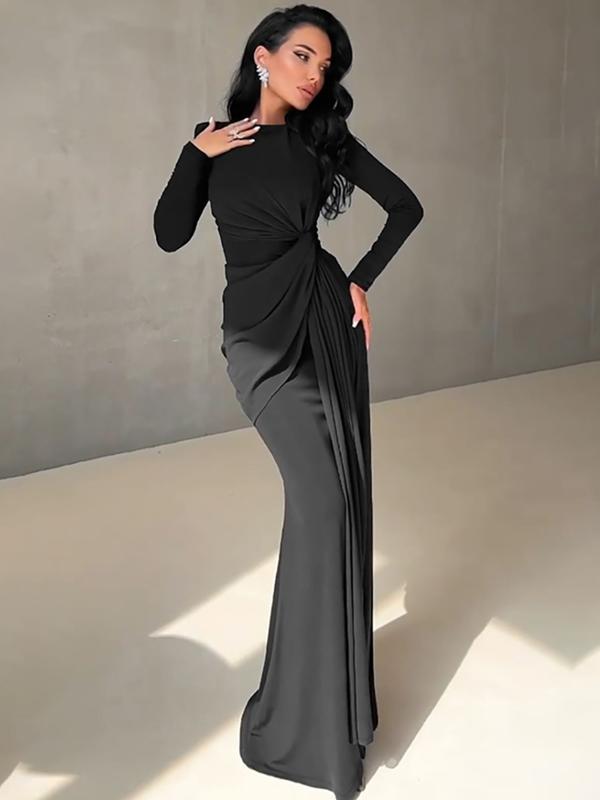 ANNA™ - Elegant Solid Color Ruched Padded Shoulder Bodycon Dress
