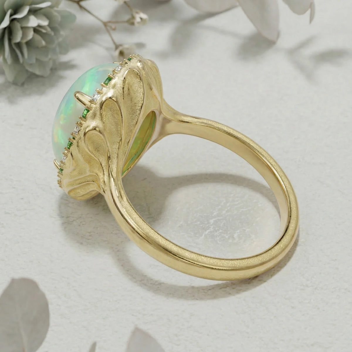 Solid Gold Welo Opal & Tsavorite Organic Ring