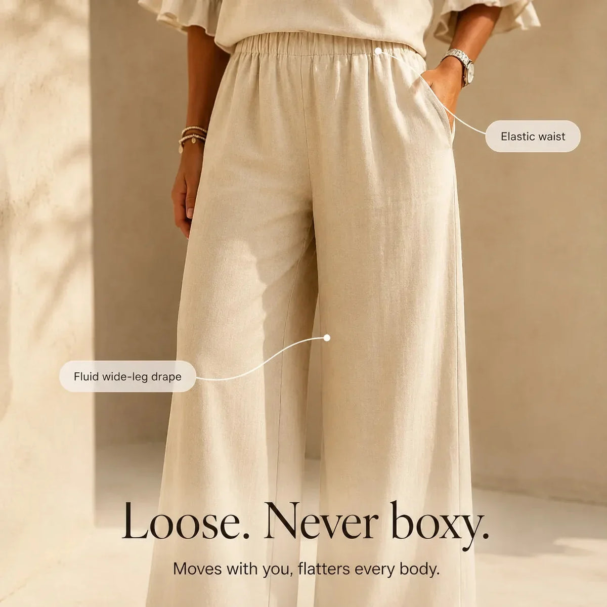 Lunavia | Linen-Look Two-Piece Set with Ruffle Sleeves and Wide-Leg Pants