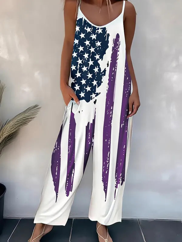 Women'S Independence Flag Print Casual Cotton Wide Leg Jumpsuit