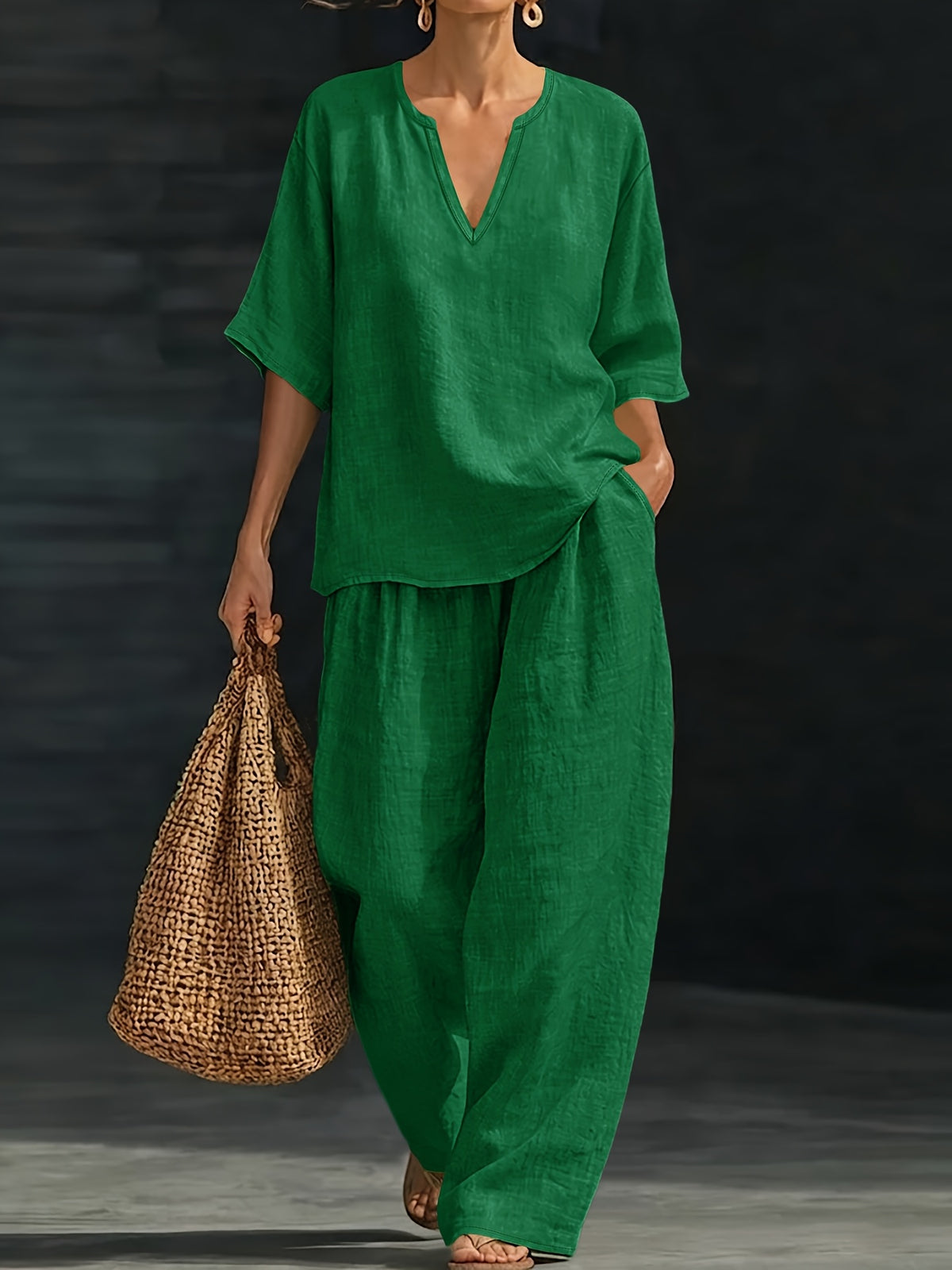 Janette™ | Relaxed V-Neck Two Piece Trouser Set