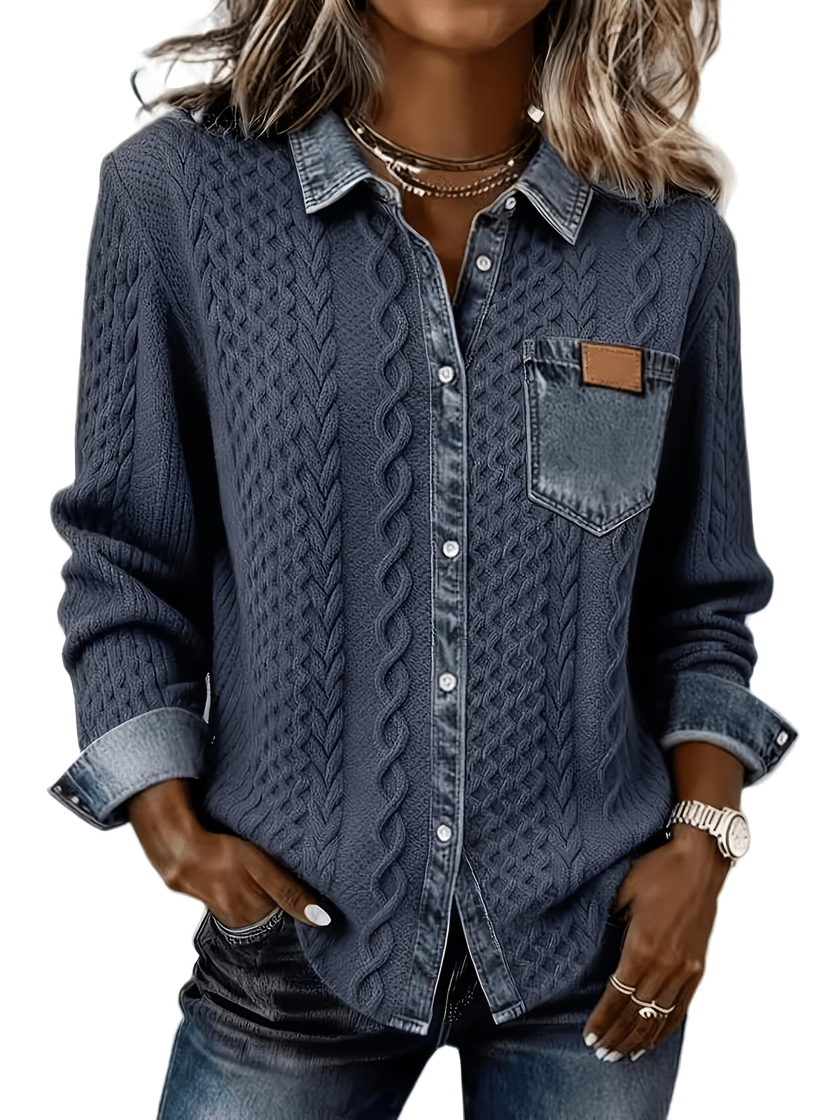 Brandi™ | Casual Denim Trim Cable Knit Shirt