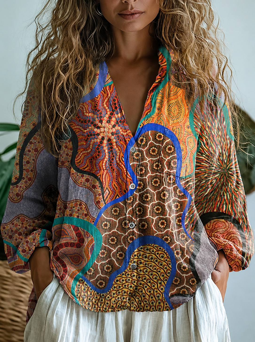 Ethnic Style Tribal Pattern Printed Women's Casual Long Sleeve Comfortable Cotton Shirt