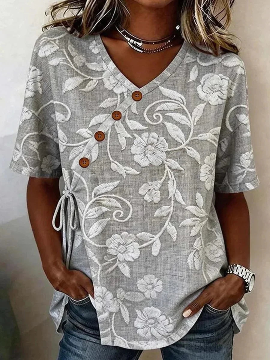 Grey Floral Print V-Neck Short Sleeve Top