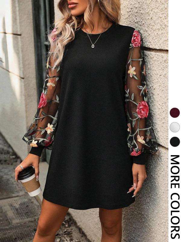 LENI™ - Elegant Floral Embroidery Bishop Sleeve Dress Long Sleeve Round Neck